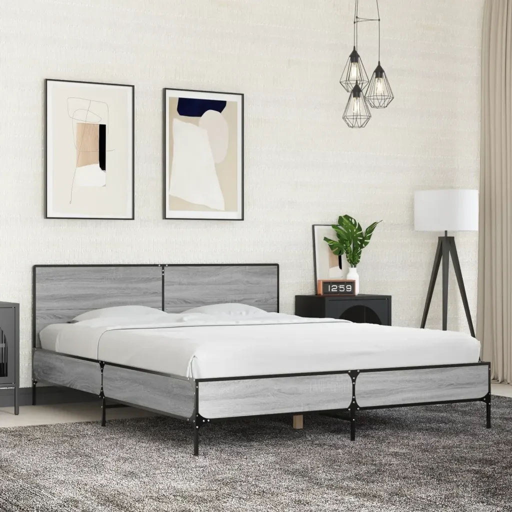 Letto matrimoniale | Letto per adulti | Giroletto Grigio Sonoma 160x200 cm in Legno Multistrato Metallo - Image 2