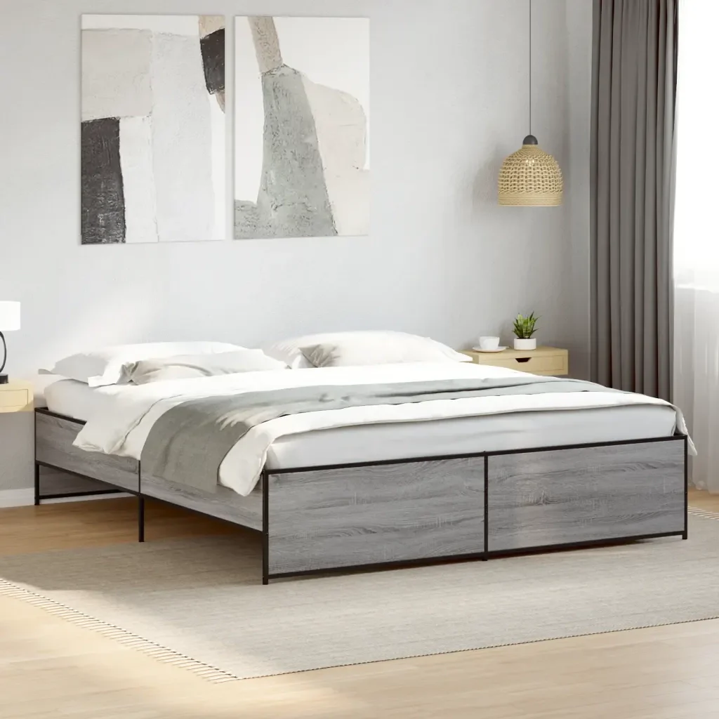 Letto matrimoniale | Letto per adulti | Giroletto Grigio Sonoma 200x200 cm in Legno Multistrato Metallo - Image 2