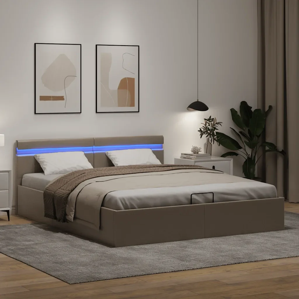 Letto matrimoniale | Letto per adulti | Giroletto Idraulico con LED Cappuccino Similpelle 160x200cm - Image 5