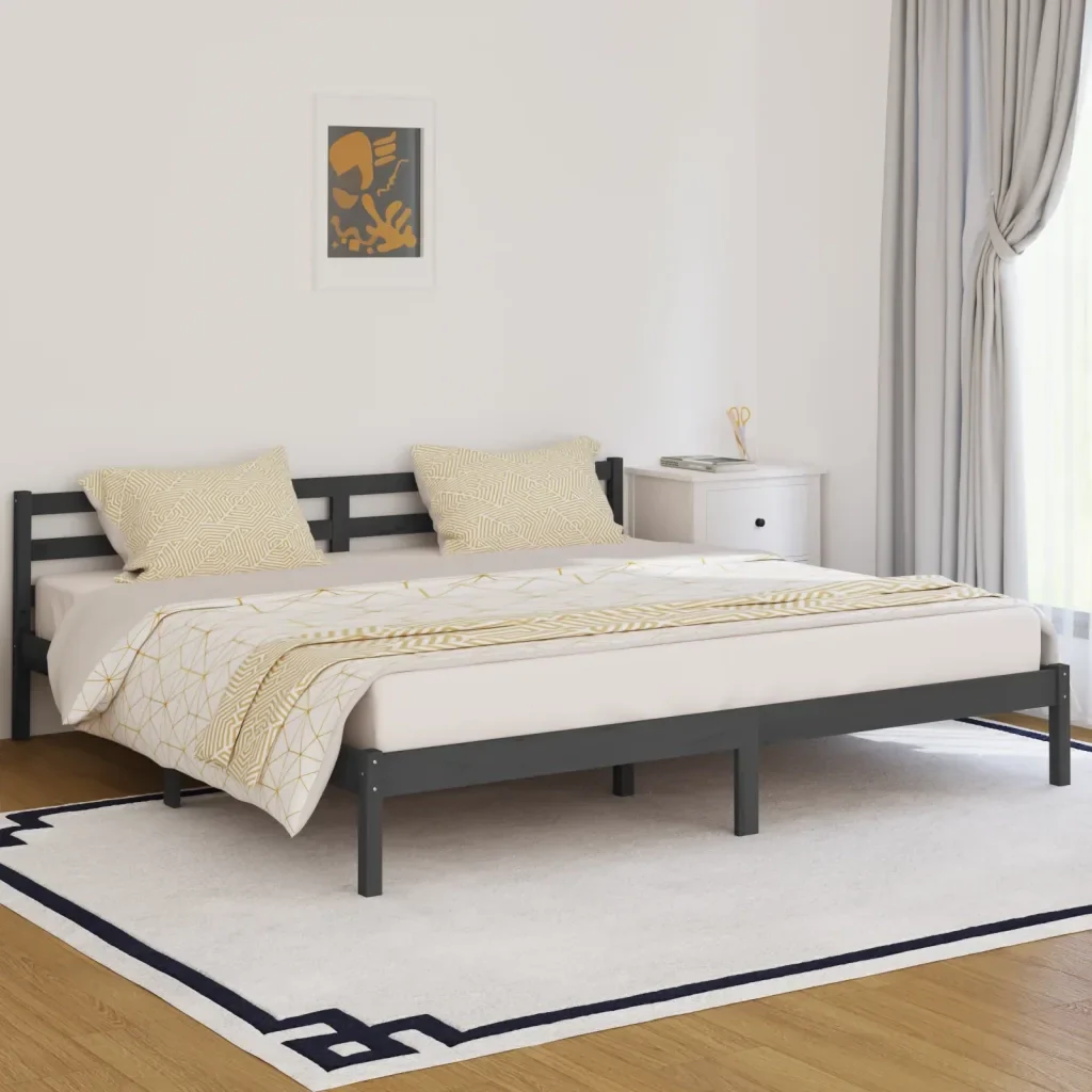 Letto matrimoniale | Letto per adulti | Giroletto in Legno Massello di Pino 200x200 cm Grigio - Image 2