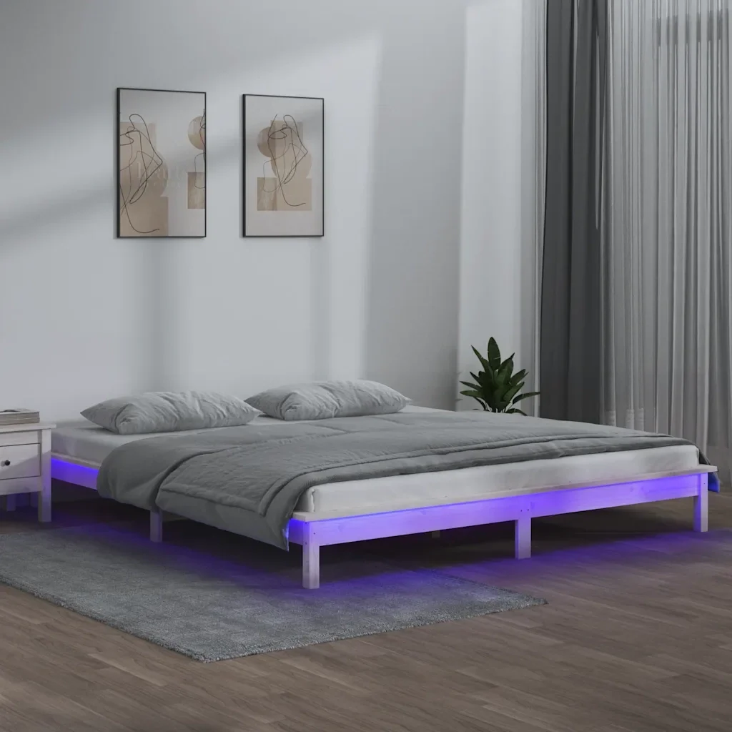Letto matrimoniale | Letto per adulti | Giroletto LED Bianco 120x190 cm Small Double Legno Massello - Image 2