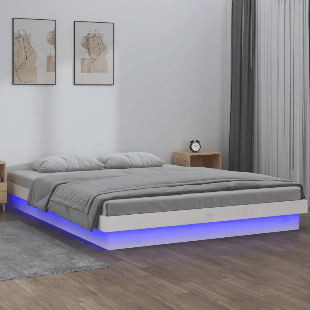 Letto matrimoniale | Letto per adulti | Giroletto LED Bianco 120x190 cm Small Double Legno Massello - Image 2