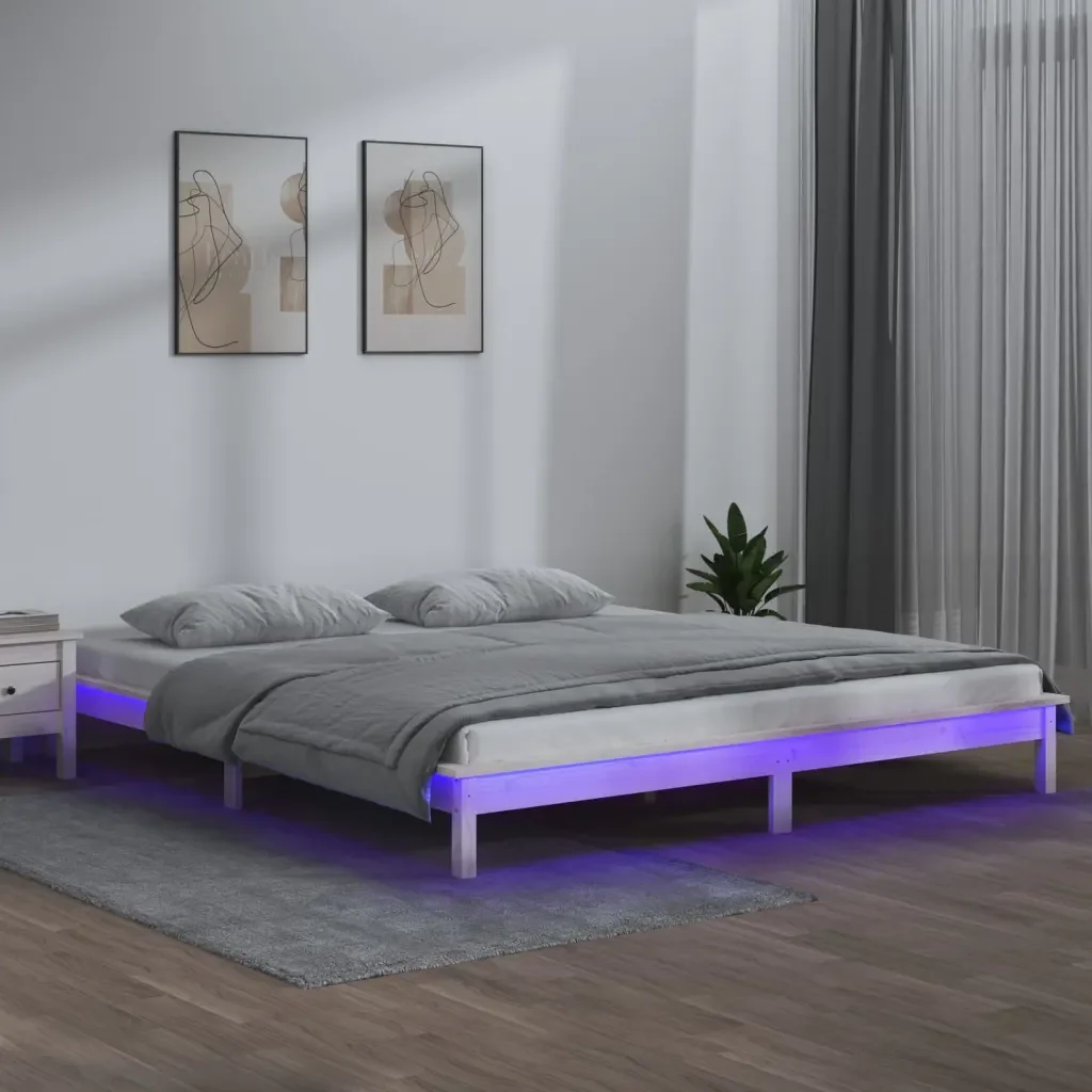 Letto matrimoniale | Letto per adulti | Giroletto LED Bianco 140x190 cm in Legno Massello - Image 2