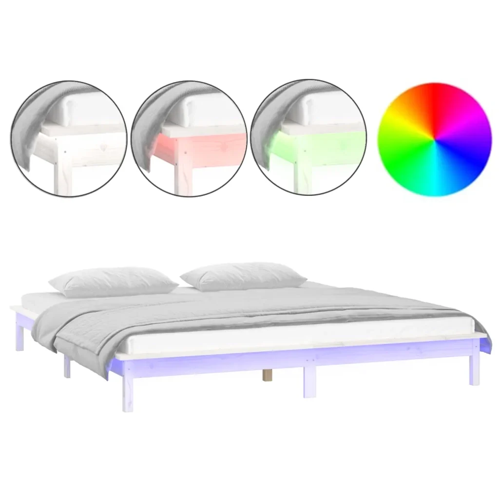 Letto matrimoniale | Letto per adulti | Giroletto LED Bianco 180x200cm Super King in Legno Massello