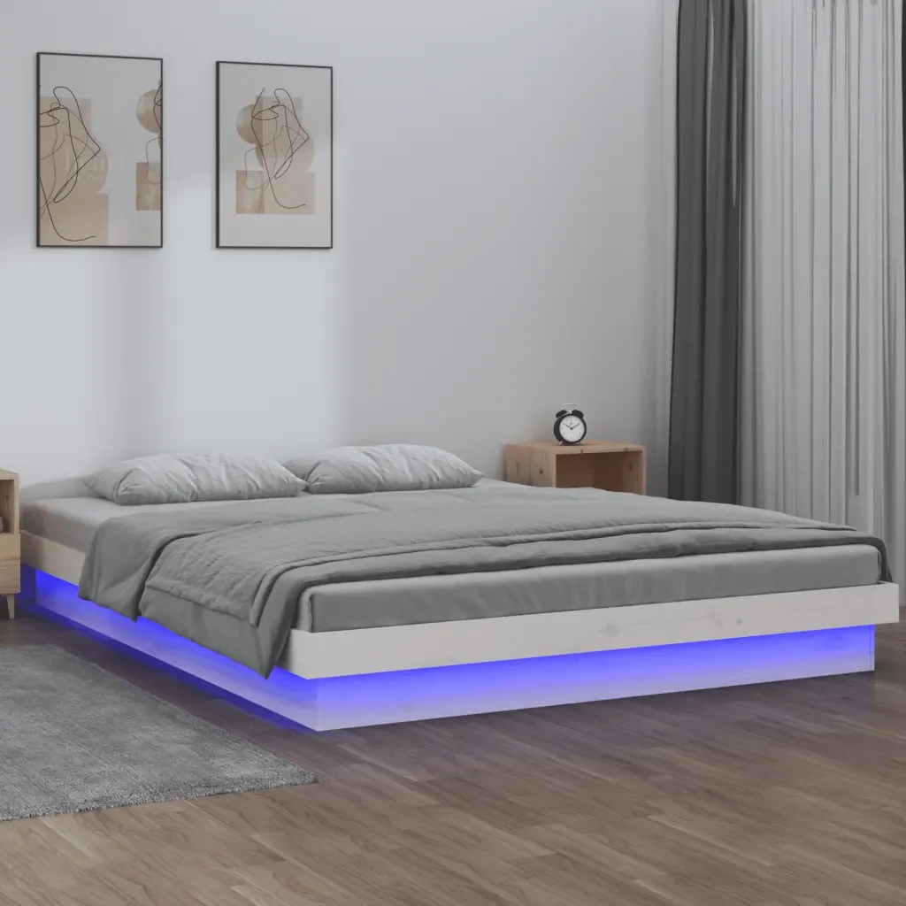 Letto matrimoniale | Letto per adulti | Giroletto LED Bianco 180x200cm Super King in Legno Massello - Image 2