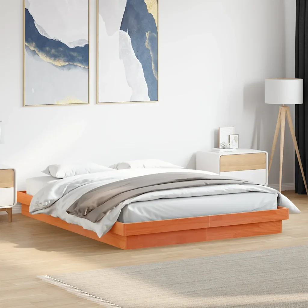 Letto matrimoniale | Letto per adulti | Giroletto LED Marrone Cera 150x200 cm in Legno Massello di Pino - Image 3