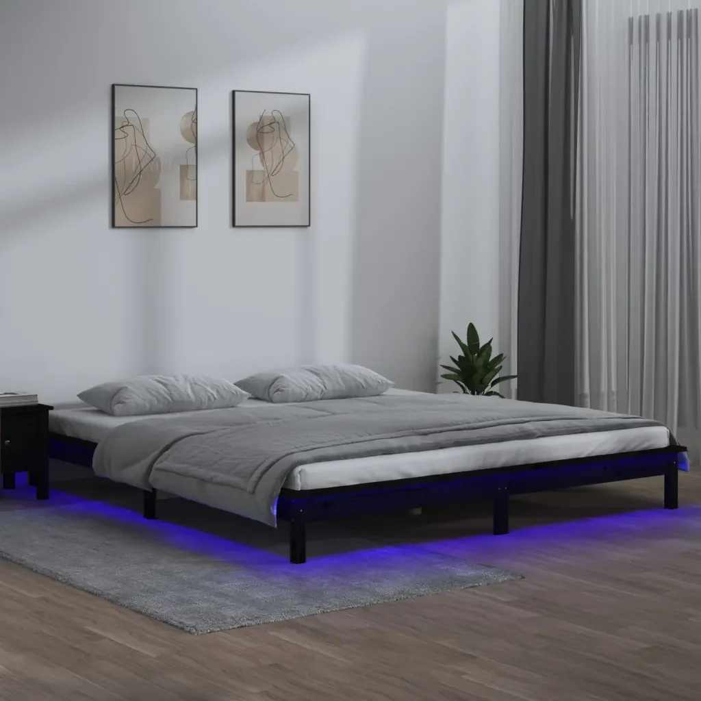 Letto matrimoniale | Letto per adulti | Giroletto LED Nero 120x190cm Small Double in Legno Massello - Image 2
