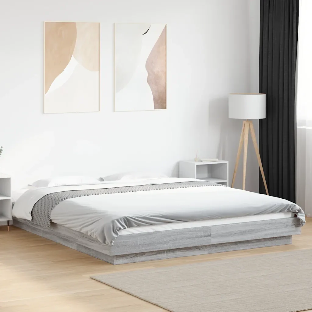 Letto matrimoniale | Letto per adulti | Giroletto Luci LED Grigio Sonoma 160x200 cm Legno Multistrato - Image 2