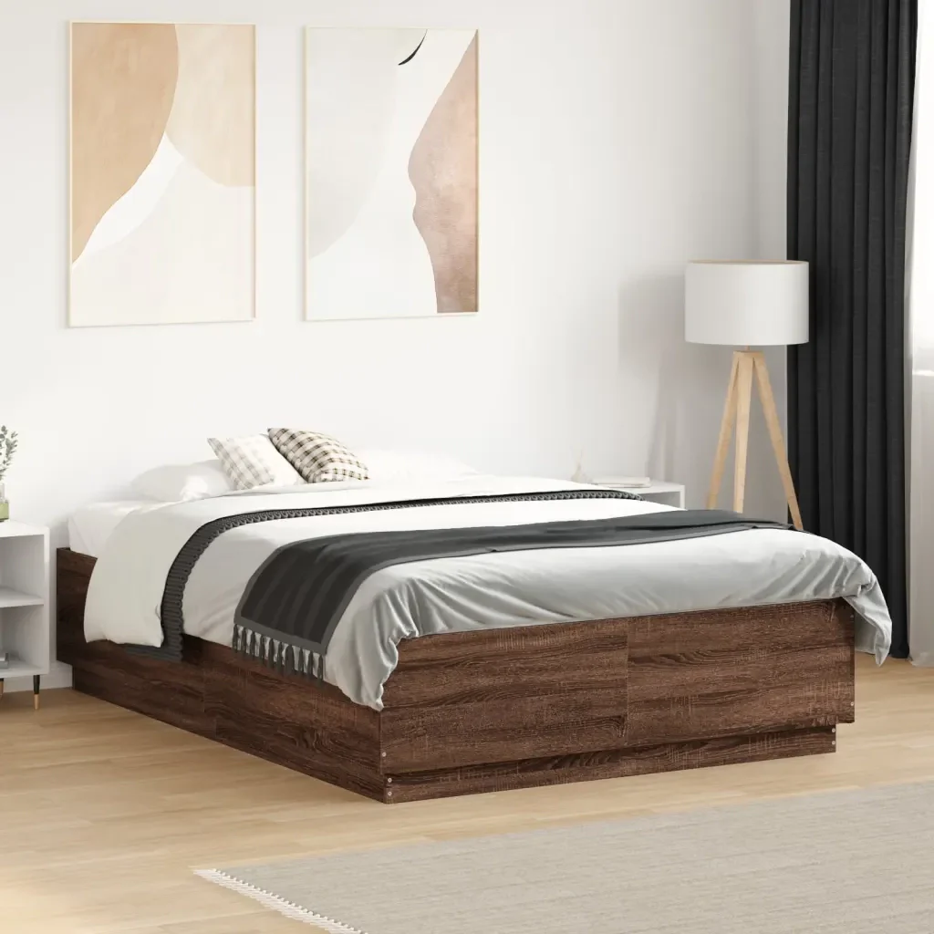 Letto matrimoniale | Letto per adulti | Giroletto Luci LED Rovere Marrone 135x190 cm Legno Multistrato - Image 2