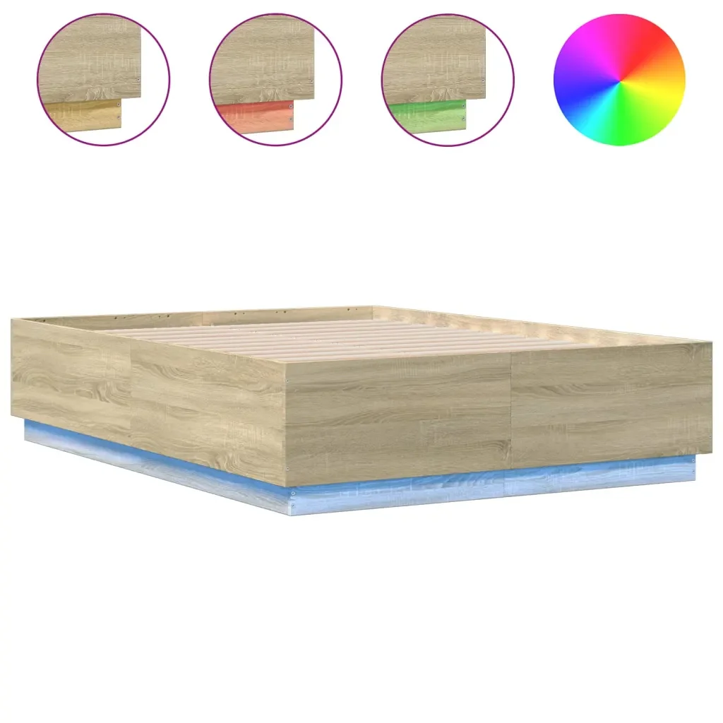 Letto matrimoniale | Letto per adulti | Giroletto Luci LED Rovere Sonoma 135x190 cm Legno Multistrato