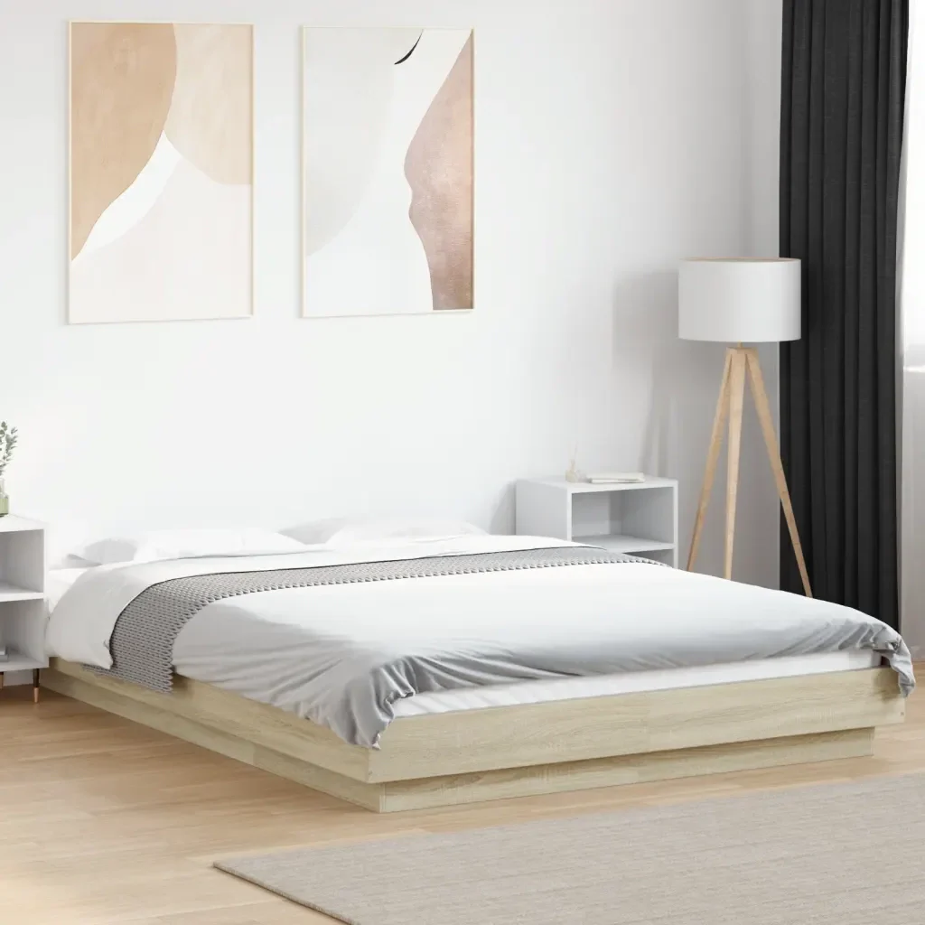 Letto matrimoniale | Letto per adulti | Giroletto Luci LED Rovere Sonoma 140x190 cm Legno Multistrato - Image 2