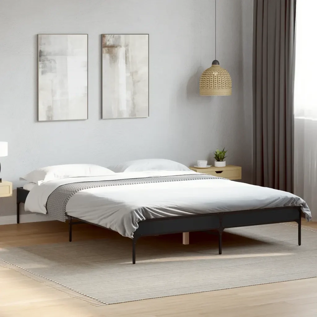 Letto matrimoniale | Letto per adulti | Giroletto Nero 120x200 cm in Legno Multistrato e Metallo - Image 2