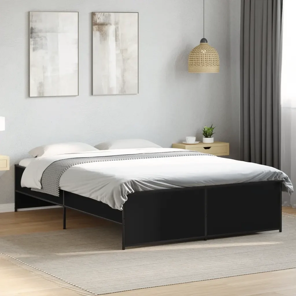 Letto matrimoniale | Letto per adulti | Giroletto Nero 135x190 cm in Legno Multistrato e Metallo - Image 2