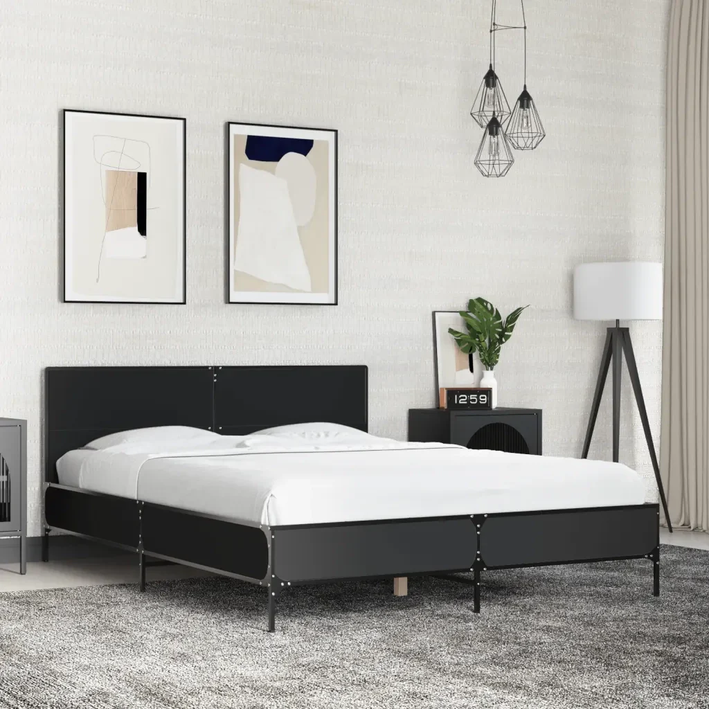 Letto matrimoniale | Letto per adulti | Giroletto Nero 140x190 cm in Legno Multistrato e Metallo - Image 2