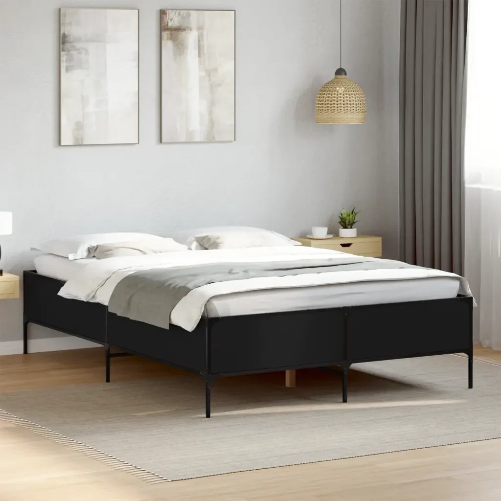 Letto matrimoniale | Letto per adulti | Giroletto Nero 140x190 cm in Legno Multistrato e Metallo - Image 2