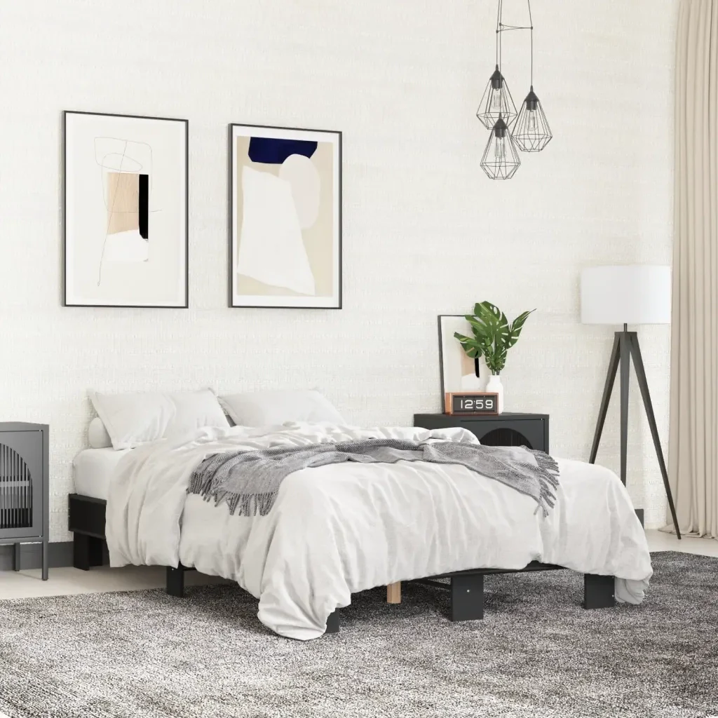 Letto matrimoniale | Letto per adulti | Giroletto Nero 140x200 cm in Legno Multistrato e Metallo - Image 2