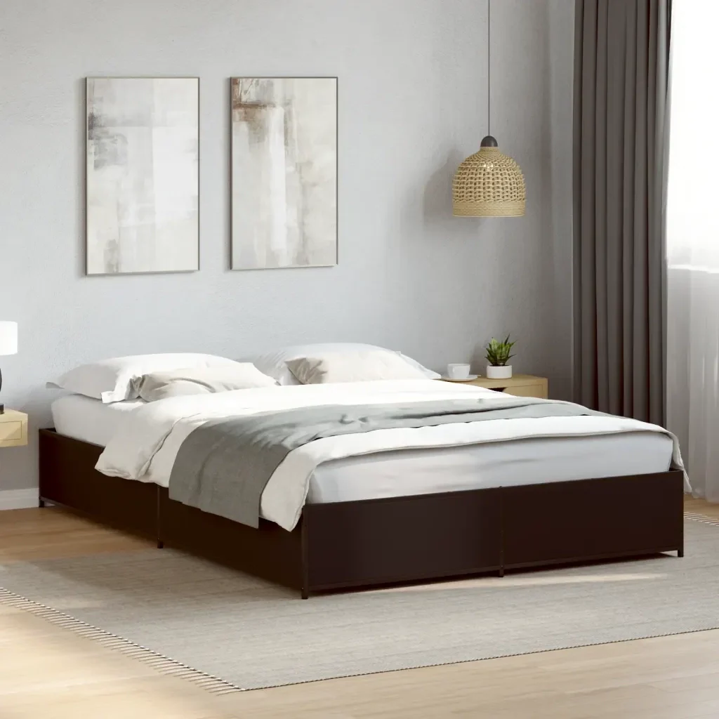 Letto matrimoniale | Letto per adulti | Giroletto Nero 140x200 cm in Legno Multistrato e Metallo - Image 2