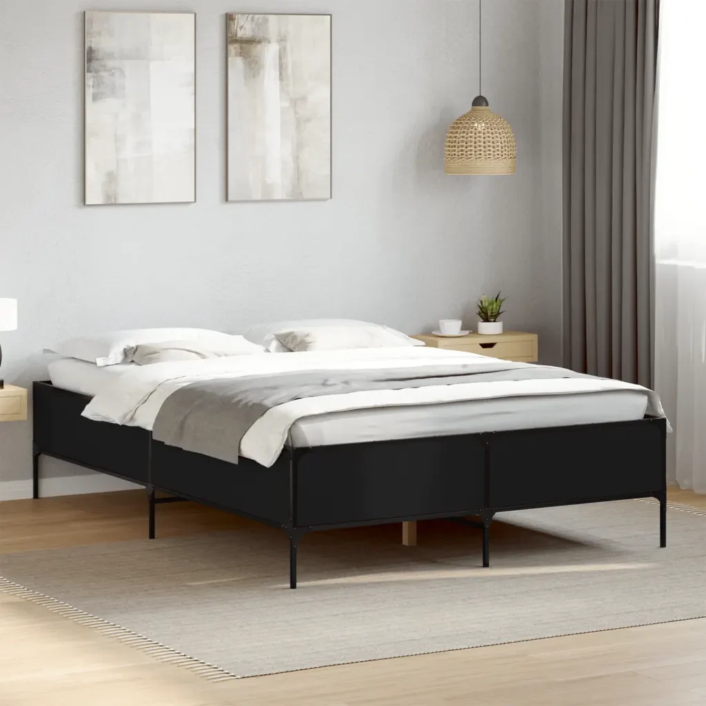 Letto matrimoniale | Letto per adulti | Giroletto Nero 160x200 cm in Legno Multistrato e Metallo - Image 2