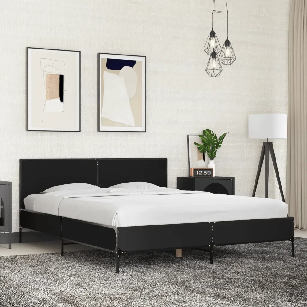 Letto matrimoniale | Letto per adulti | Giroletto Nero 160x200 cm in Legno Multistrato e Metallo - Image 2