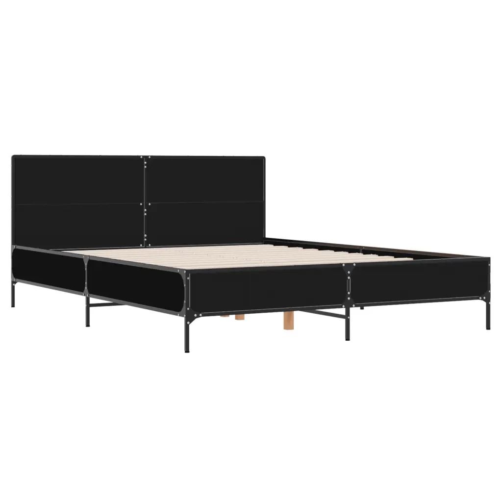 Letto matrimoniale | Letto per adulti | Giroletto Nero 160x200 cm in Legno Multistrato e Metallo - Image 4