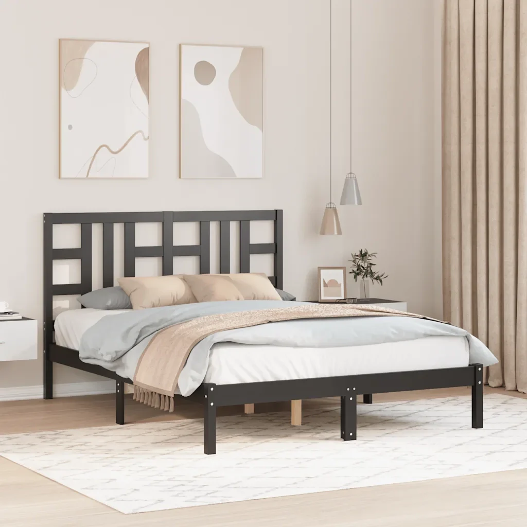 Letto matrimoniale | Letto per adulti | Giroletto Nero in Legno Massello 140x190 cm - Image 2