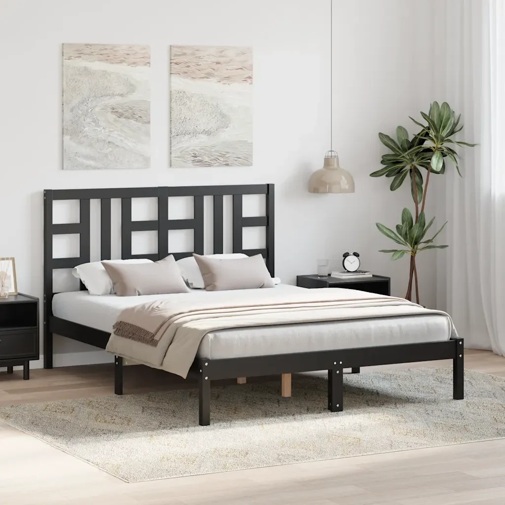 Letto matrimoniale | Letto per adulti | Giroletto Nero in Legno Massello 140x190 cm - Image 4