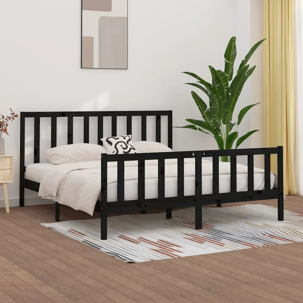 Letto matrimoniale | Letto per adulti | Giroletto Nero in Legno Massello 200x200 cm - Image 2