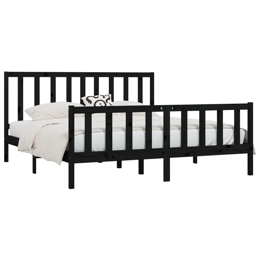 Letto matrimoniale | Letto per adulti | Giroletto Nero in Legno Massello 200x200 cm - Image 4