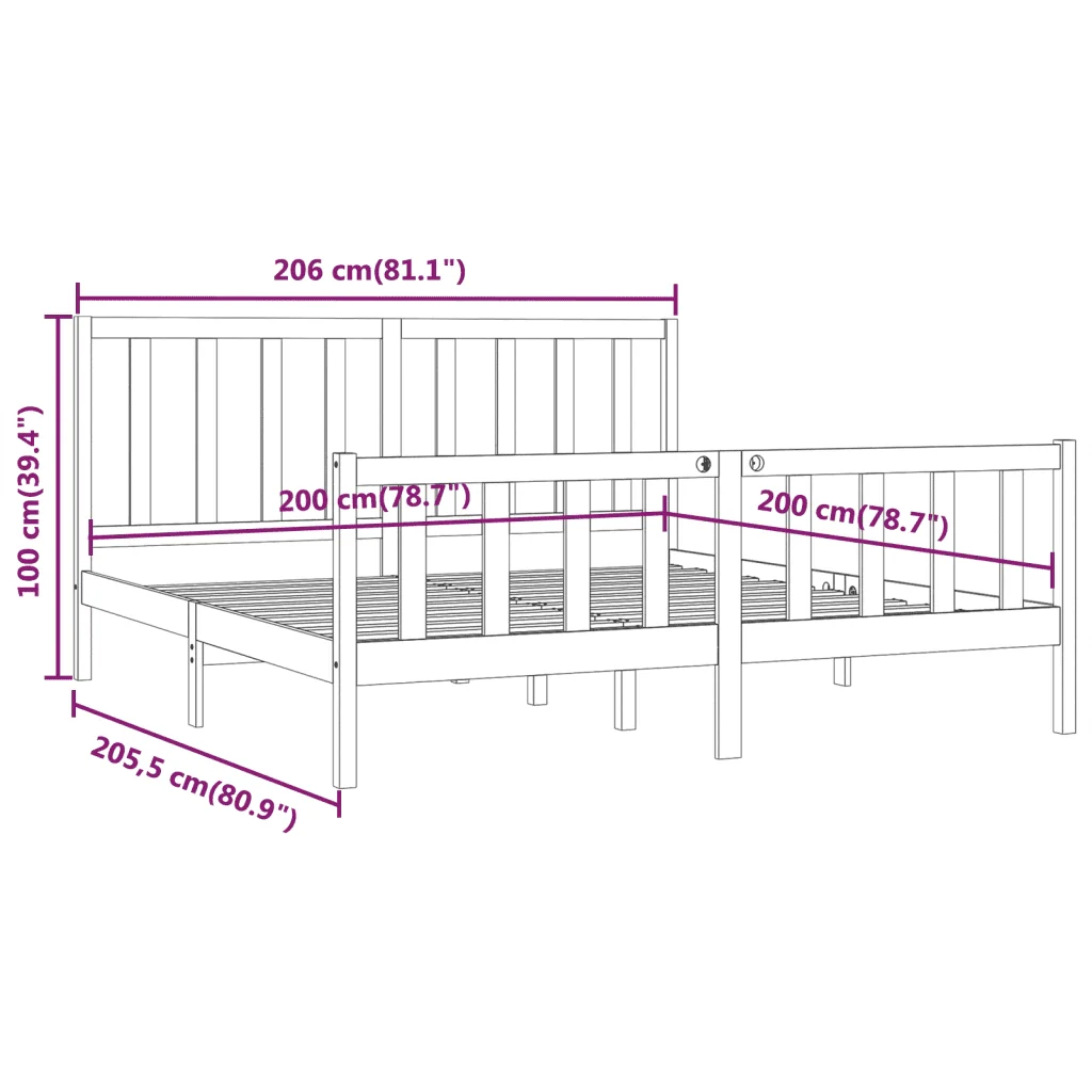 Letto matrimoniale | Letto per adulti | Giroletto Nero in Legno Massello 200x200 cm - Image 8
