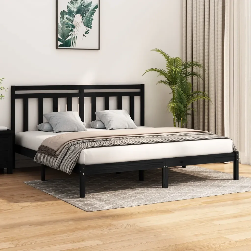 Letto matrimoniale | Letto per adulti | Giroletto Nero in Legno Massello 200x200 cm - Image 2