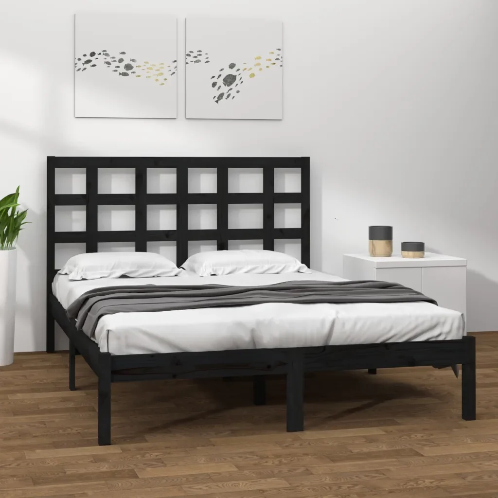 Letto matrimoniale | Letto per adulti | Giroletto Nero in Legno Massello 200x200 cm - Image 2