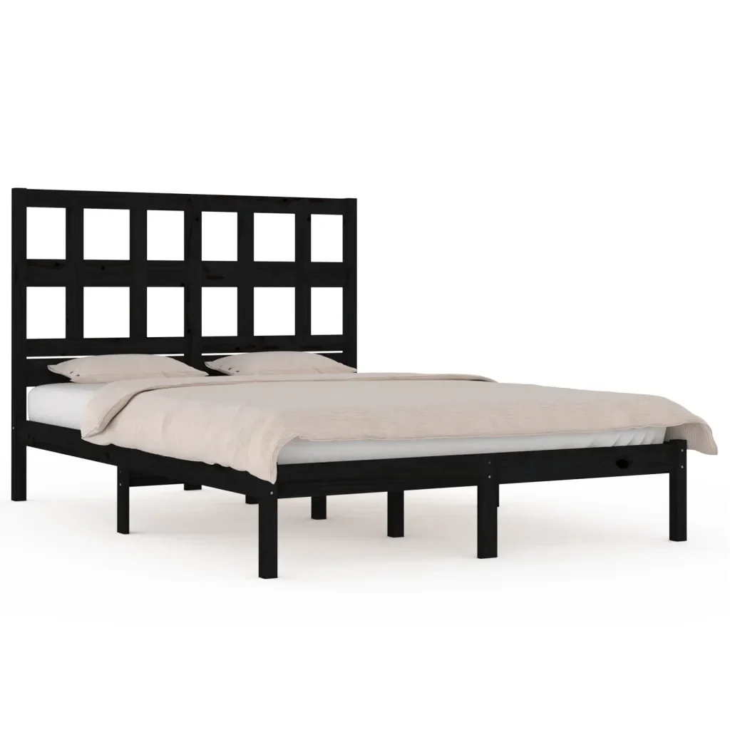 Letto matrimoniale | Letto per adulti | Giroletto Nero in Legno Massello di Pino 200x200 cm