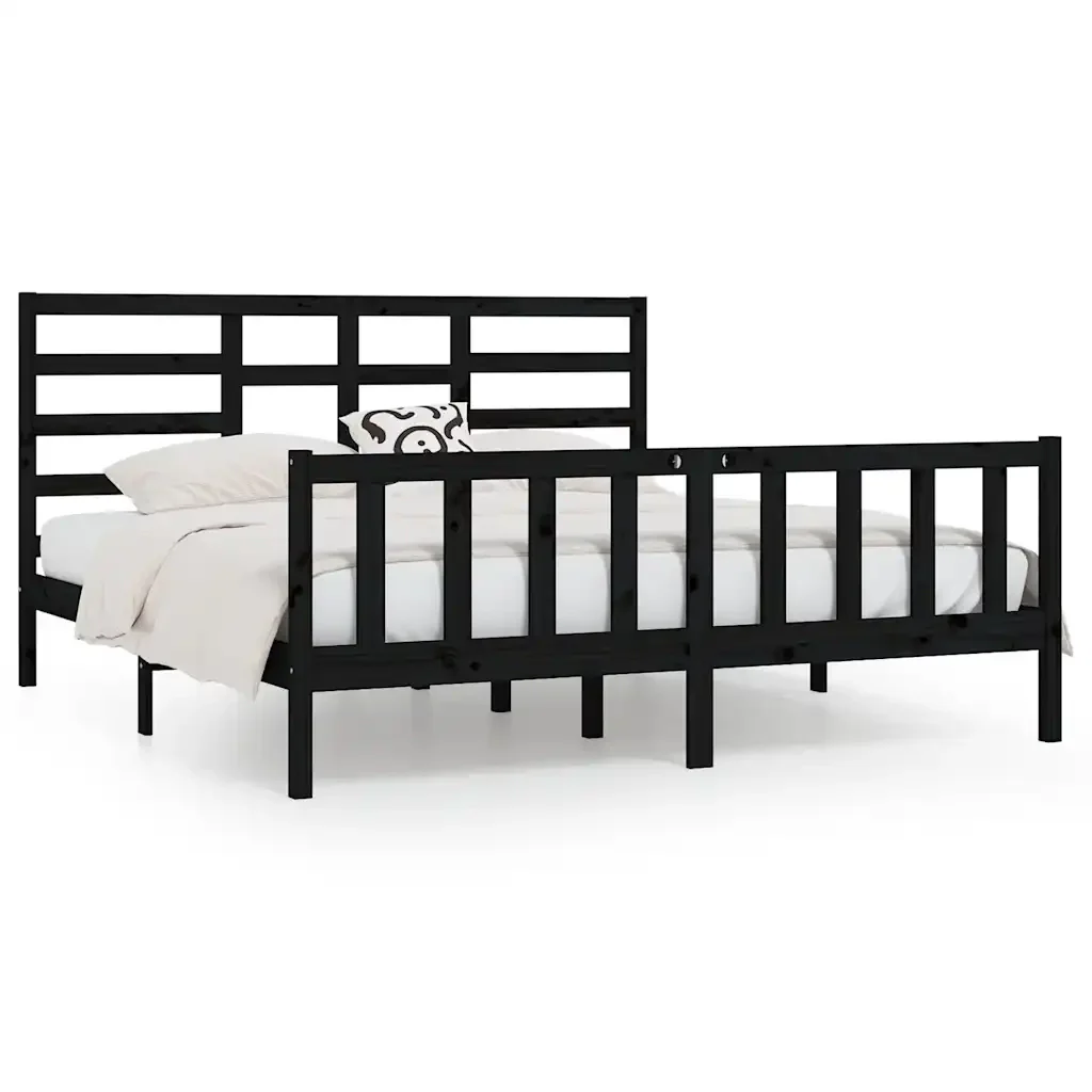 Letto matrimoniale | Letto per adulti | Giroletto Nero in Legno Massello di Pino 200x200 cm