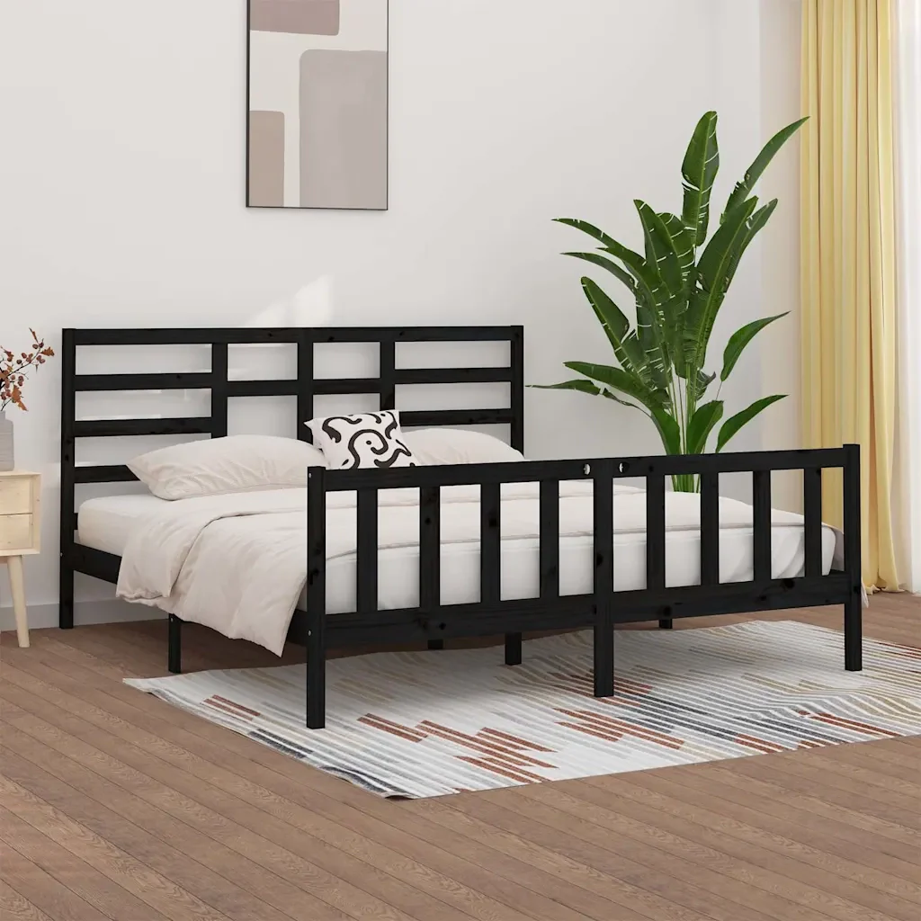 Letto matrimoniale | Letto per adulti | Giroletto Nero in Legno Massello di Pino 200x200 cm - Image 2