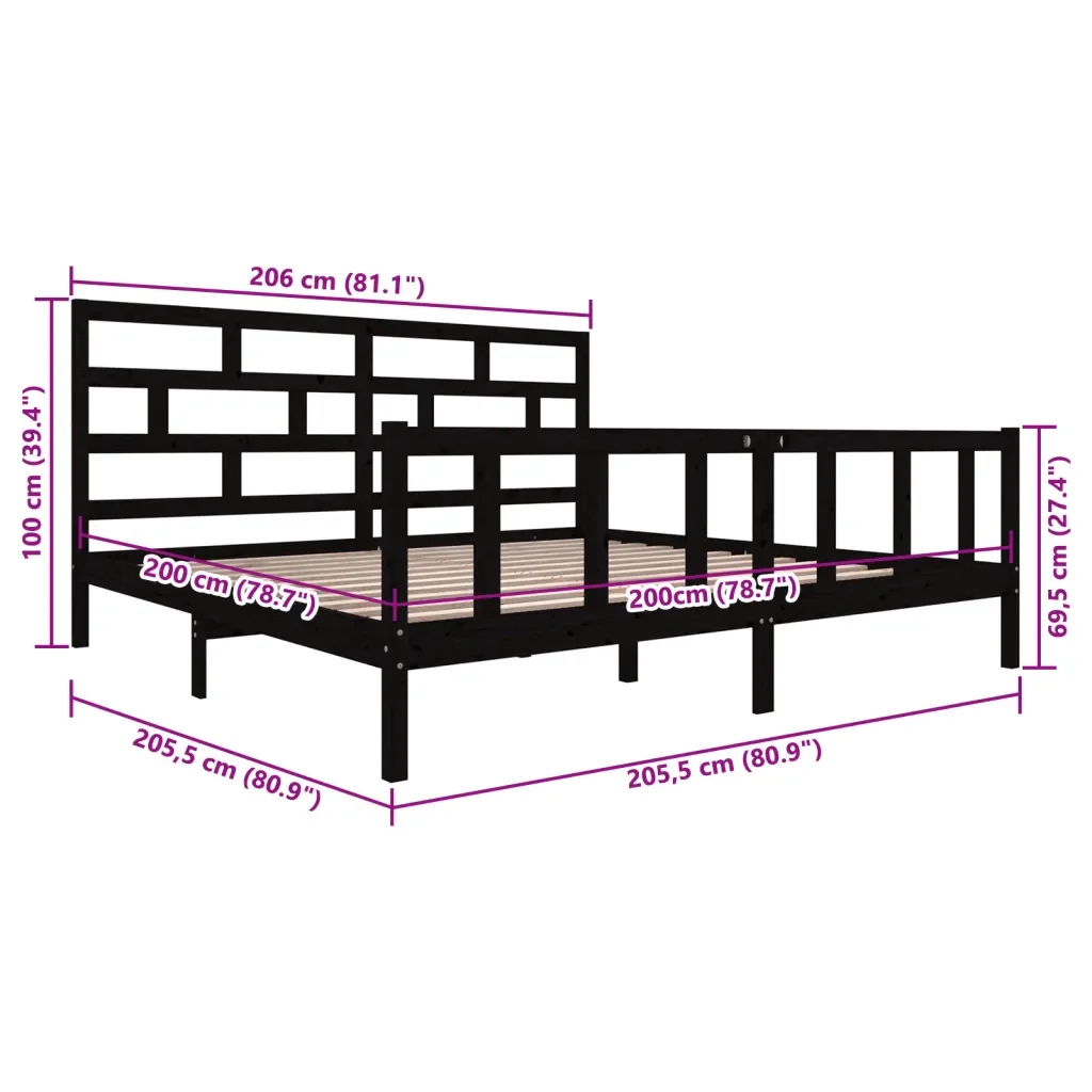 Letto matrimoniale | Letto per adulti | Giroletto Nero in Legno Massello di Pino 200x200 cm - Image 9