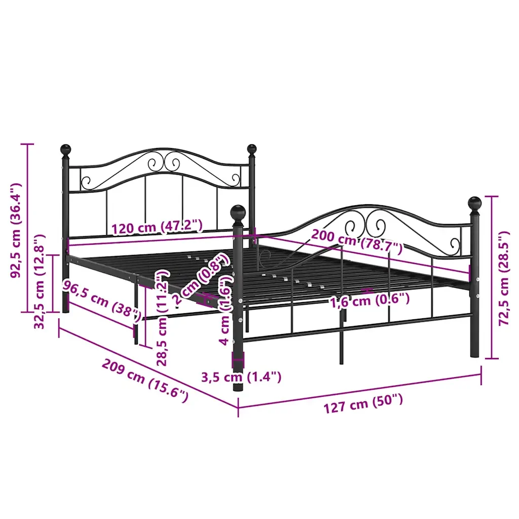 Letto matrimoniale | Letto per adulti | Giroletto Nero in Metallo 120x200 cm - Image 8