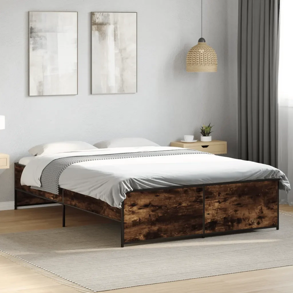 Letto matrimoniale | Letto per adulti | Giroletto Rovere Fumo 120x190 cm in Legno Multistrato Metallo - Image 2