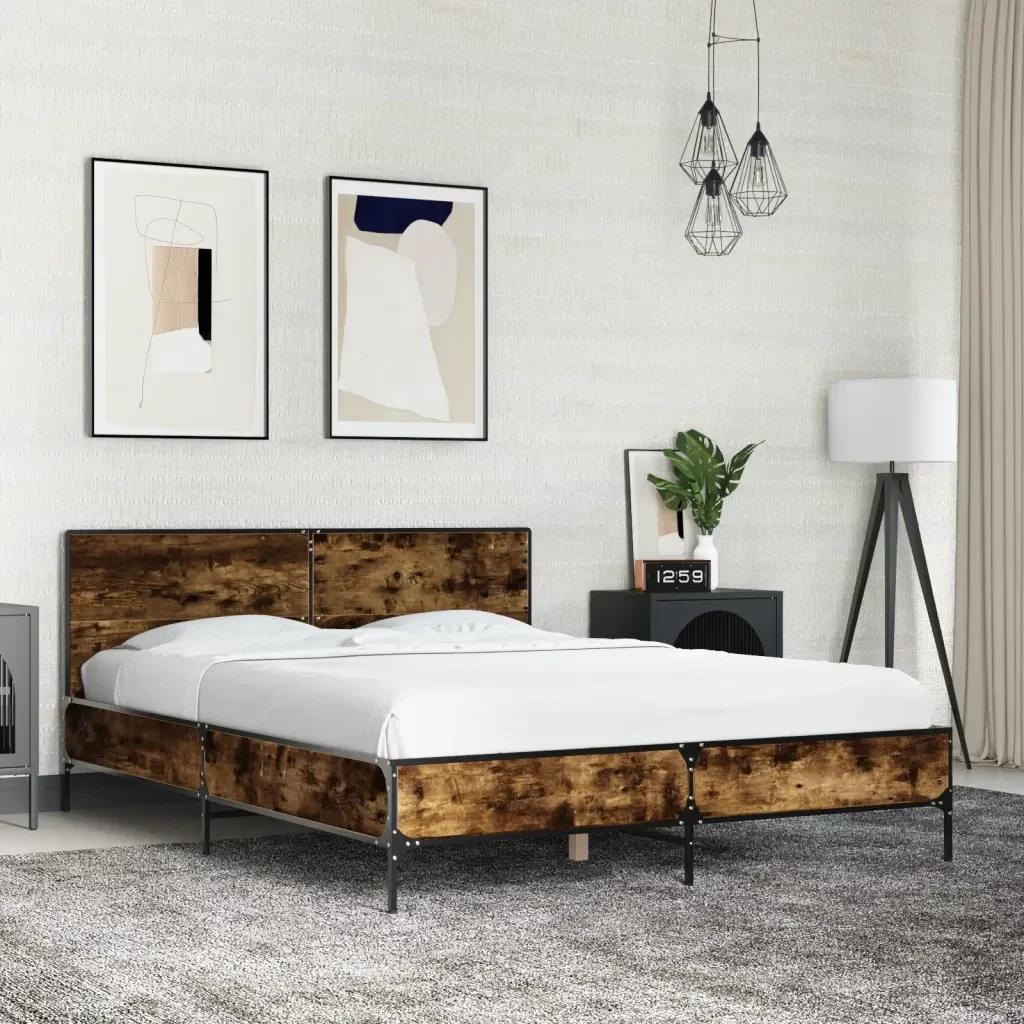 Letto matrimoniale | Letto per adulti | Giroletto Rovere Fumo 120x200 cm in Legno Multistrato Metallo - Image 2