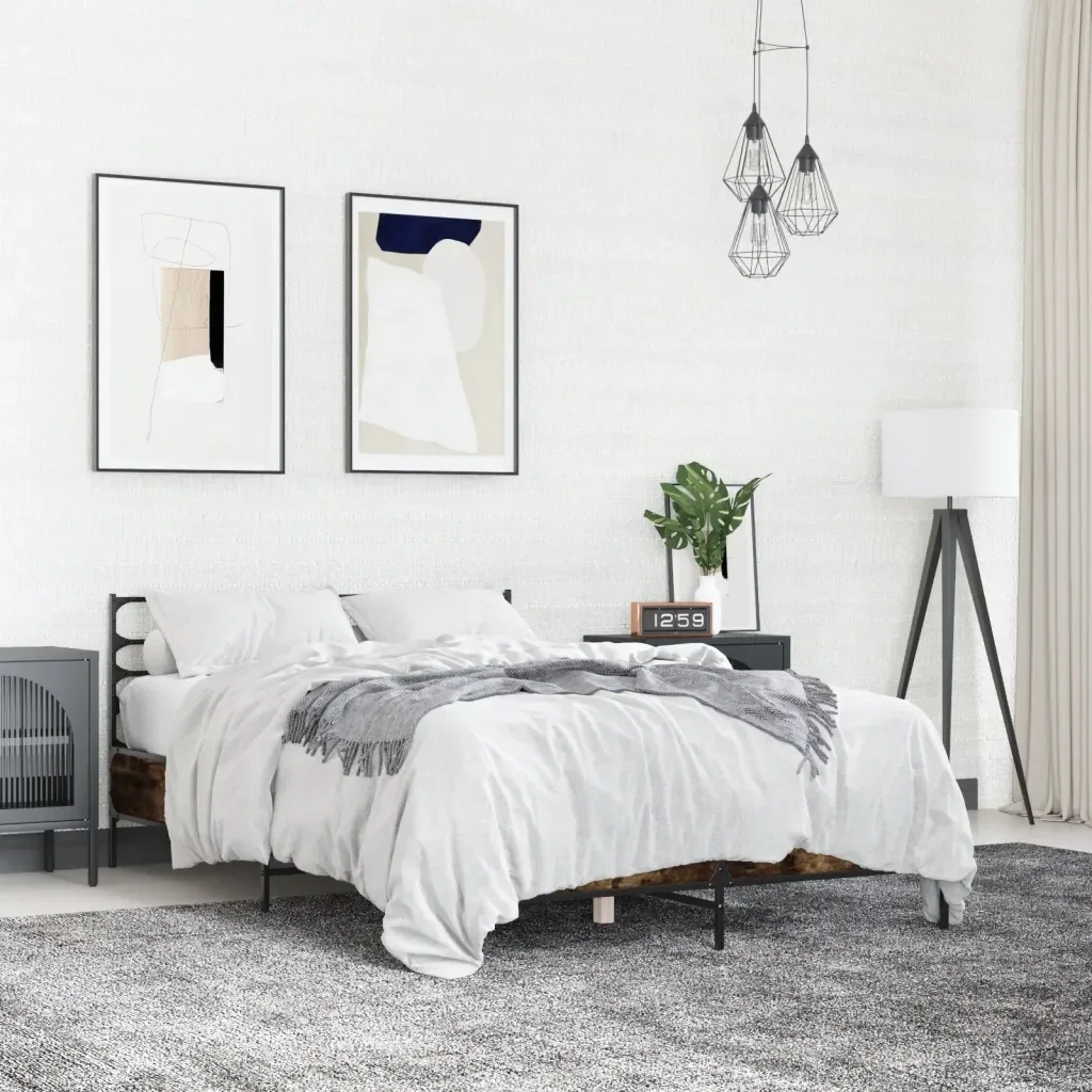 Letto matrimoniale | Letto per adulti | Giroletto Rovere Fumo 120x200 cm in Legno Multistrato Metallo - Image 2