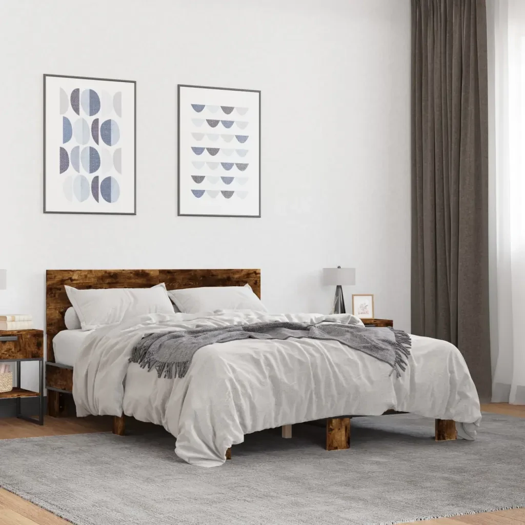 Letto matrimoniale | Letto per adulti | Giroletto Rovere Fumo 120x200 cm in Legno Multistrato Metallo - Image 2