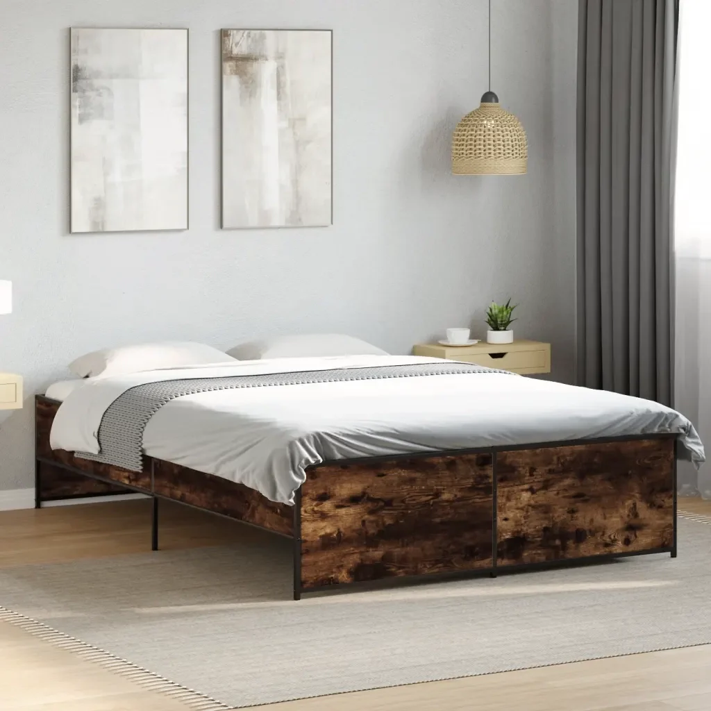Letto matrimoniale | Letto per adulti | Giroletto Rovere Fumo 135x190 cm in Legno Multistrato Metallo - Image 2
