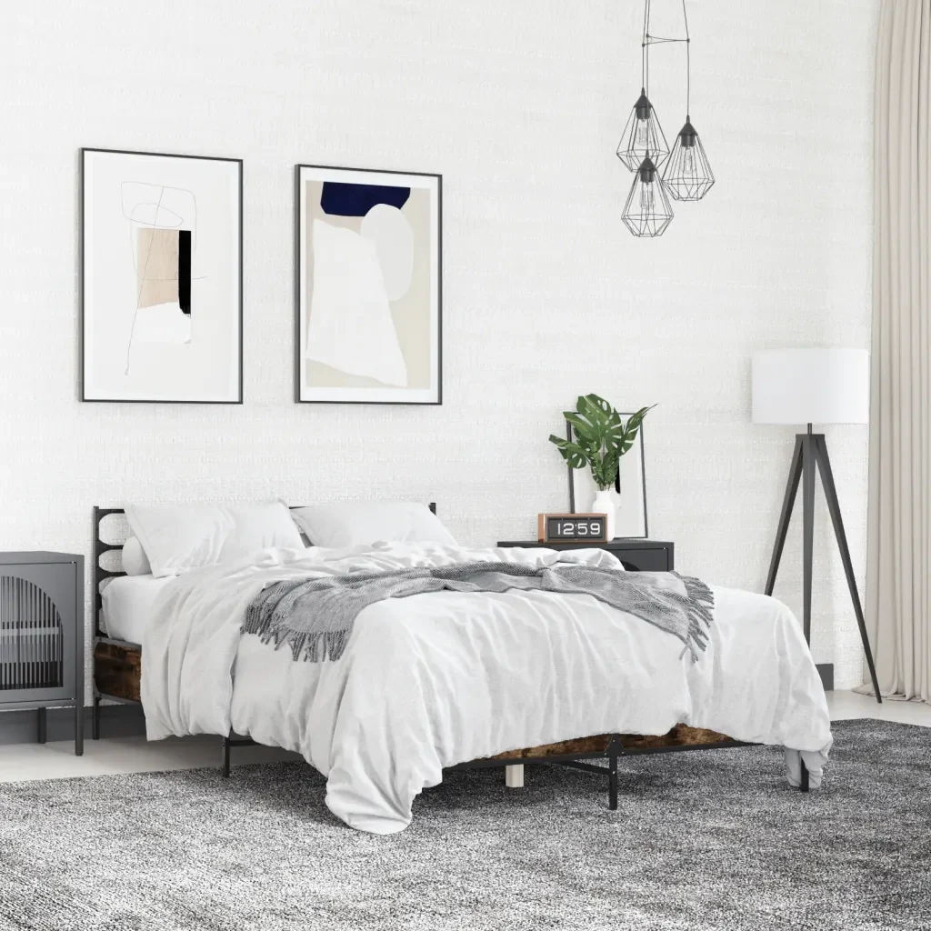 Letto matrimoniale | Letto per adulti | Giroletto Rovere Fumo 135x190 cm in Legno Multistrato Metallo - Image 2