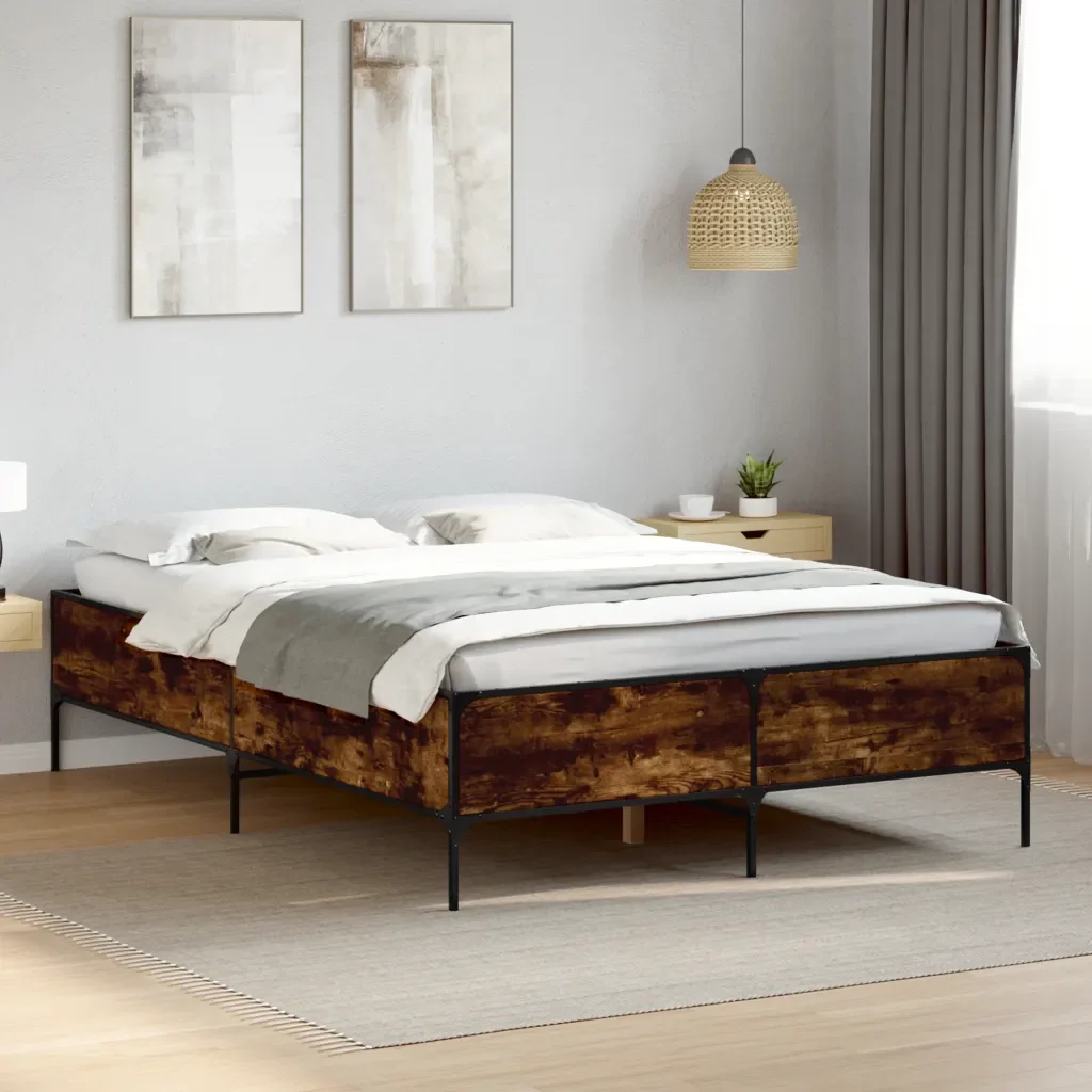 Letto matrimoniale | Letto per adulti | Giroletto Rovere Fumo 140x190 cm in Legno Multistrato Metallo - Image 2