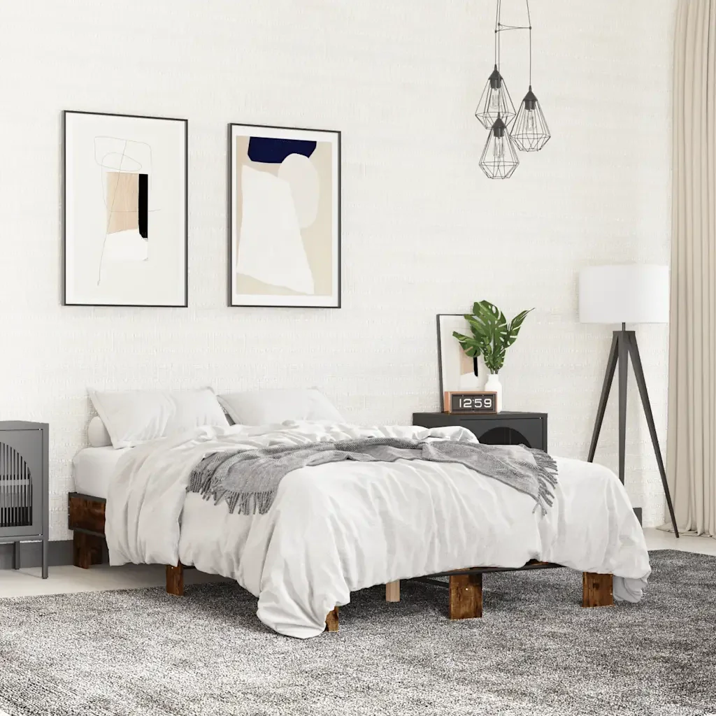 Letto matrimoniale | Letto per adulti | Giroletto Rovere Fumo 140x190 cm in Legno Multistrato Metallo - Image 2