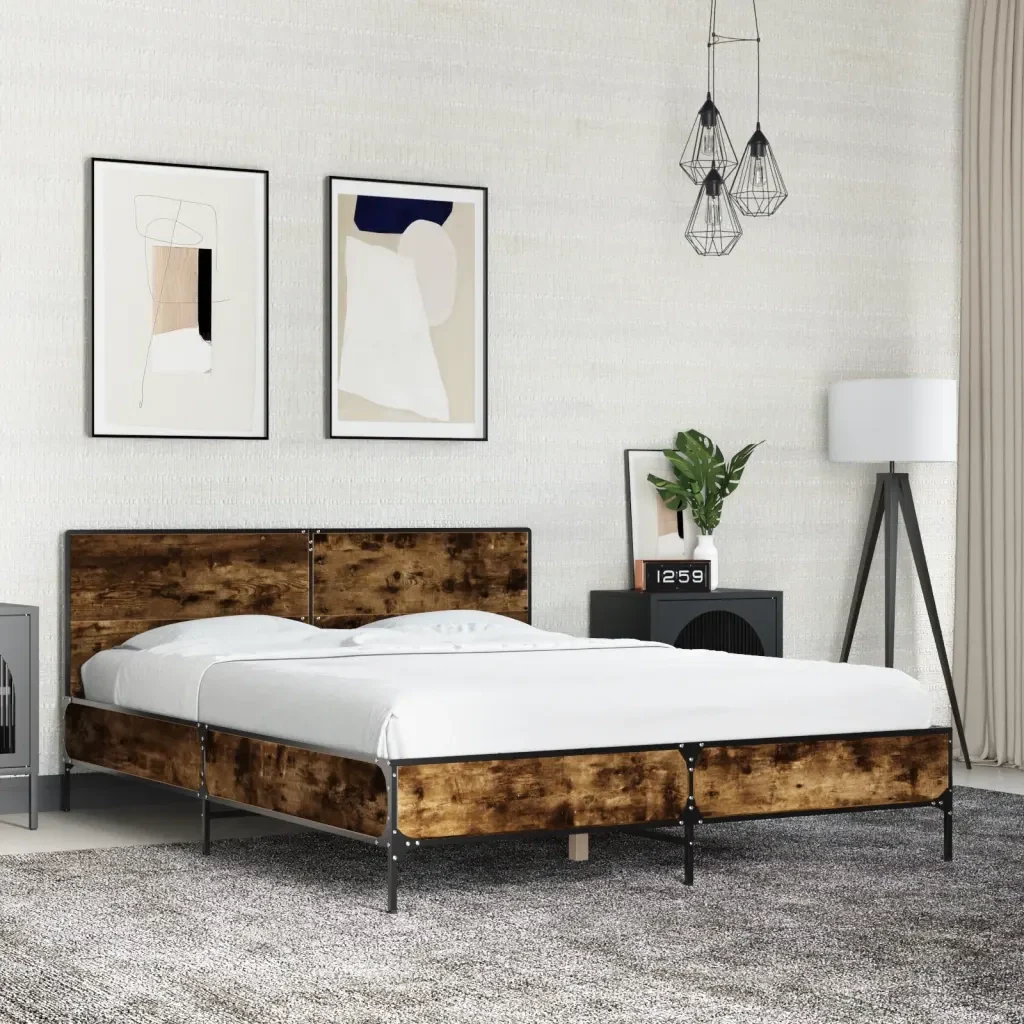 Letto matrimoniale | Letto per adulti | Giroletto Rovere Fumo 140x200 cm in Legno Multistrato Metallo - Image 2