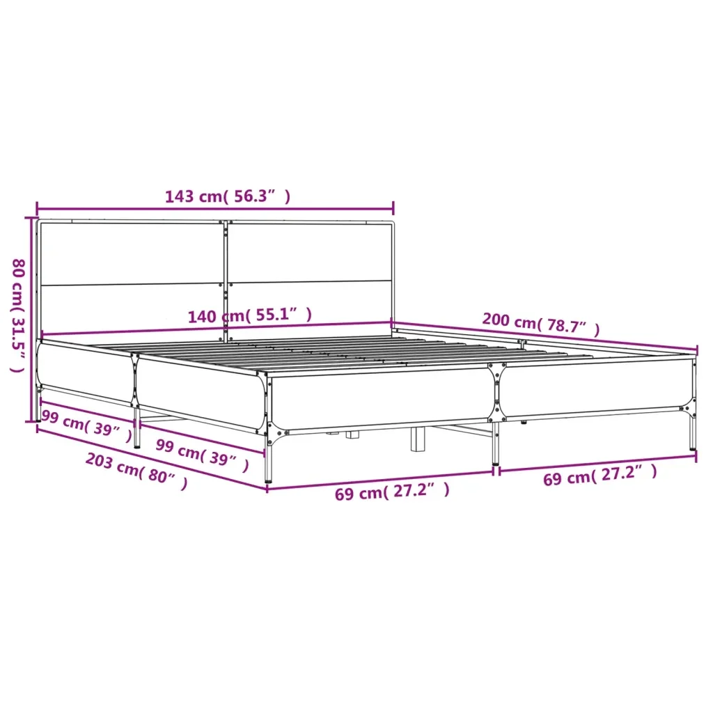 Letto matrimoniale | Letto per adulti | Giroletto Rovere Fumo 140x200 cm in Legno Multistrato Metallo - Image 9