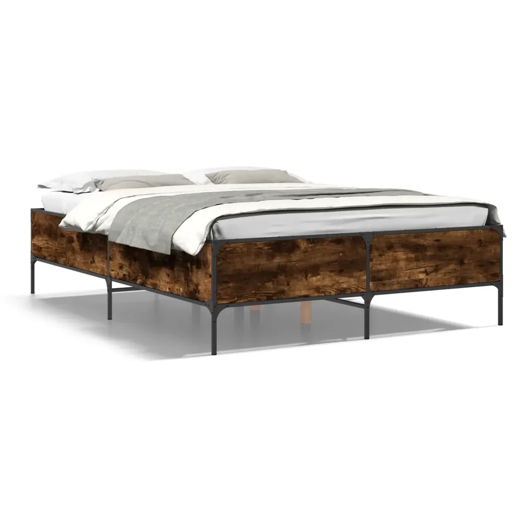 Letto matrimoniale | Letto per adulti | Giroletto Rovere Fumo 150x200 cm in Legno Multistrato Metallo