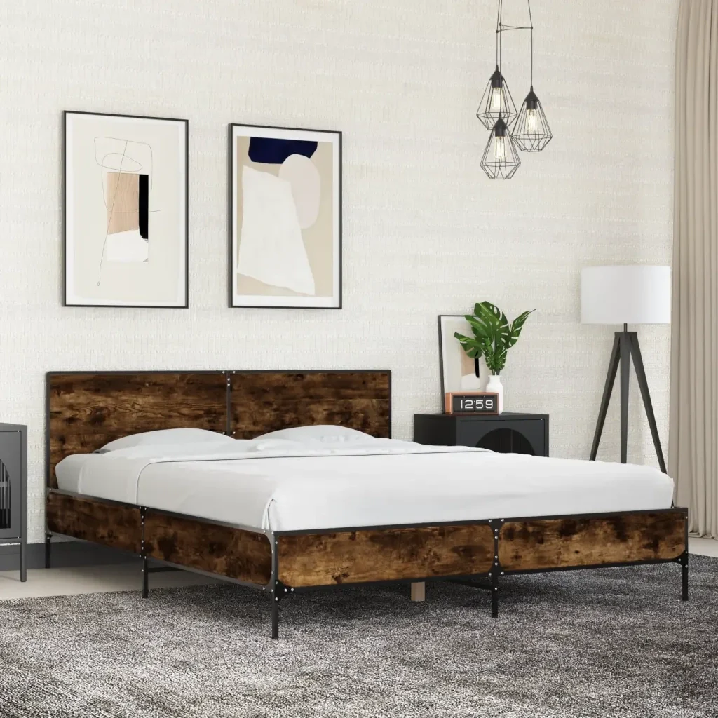 Letto matrimoniale | Letto per adulti | Giroletto Rovere Fumo 150x200 cm in Legno Multistrato Metallo - Image 2