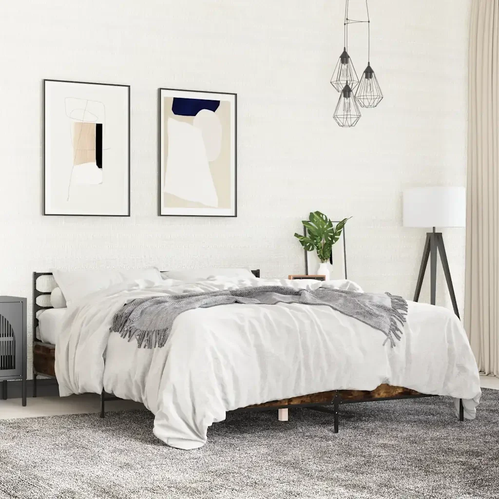 Letto matrimoniale | Letto per adulti | Giroletto Rovere Fumo 150x200 cm in Legno Multistrato Metallo - Image 2