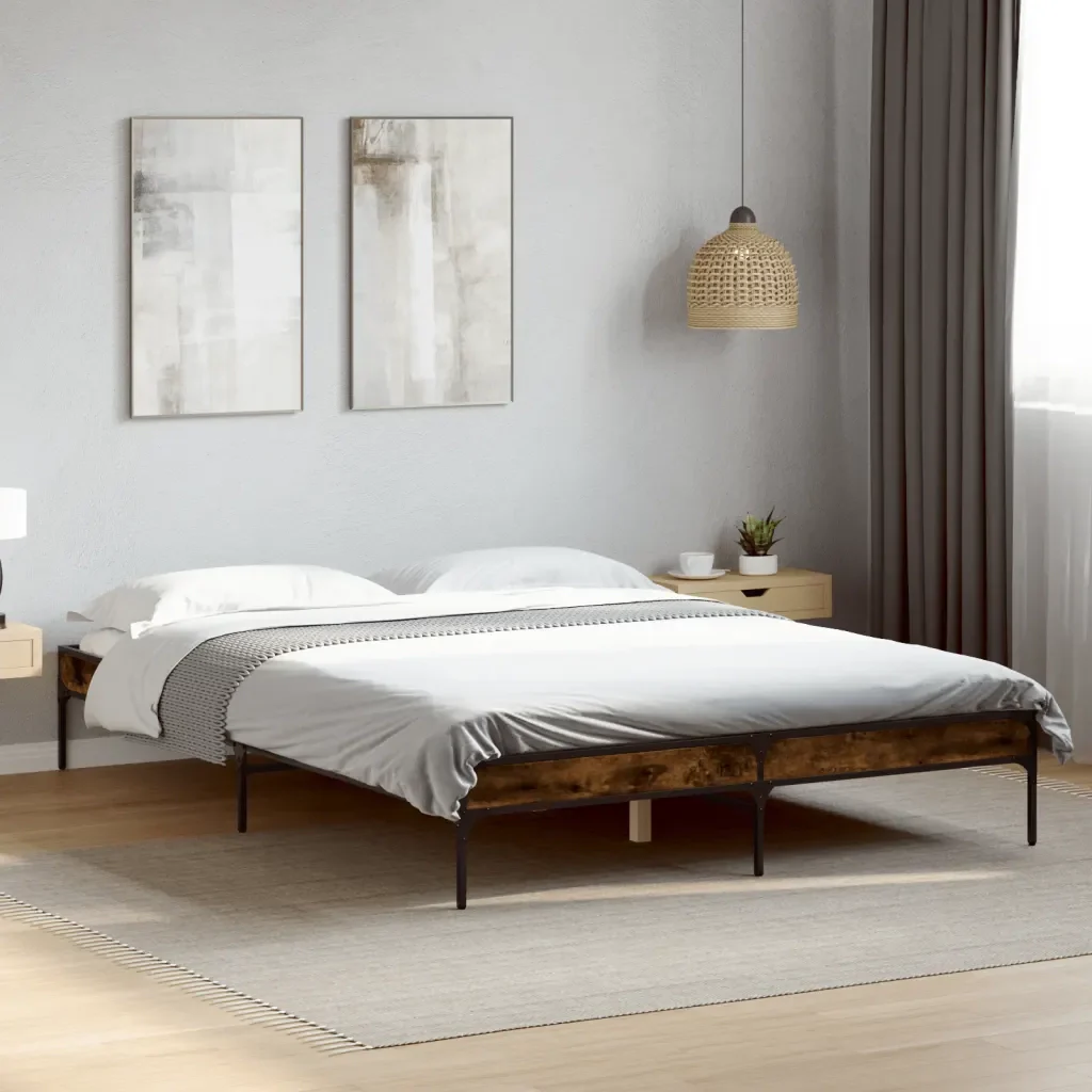 Letto matrimoniale | Letto per adulti | Giroletto Rovere Fumo 150x200 cm in Legno Multistrato Metallo - Image 2